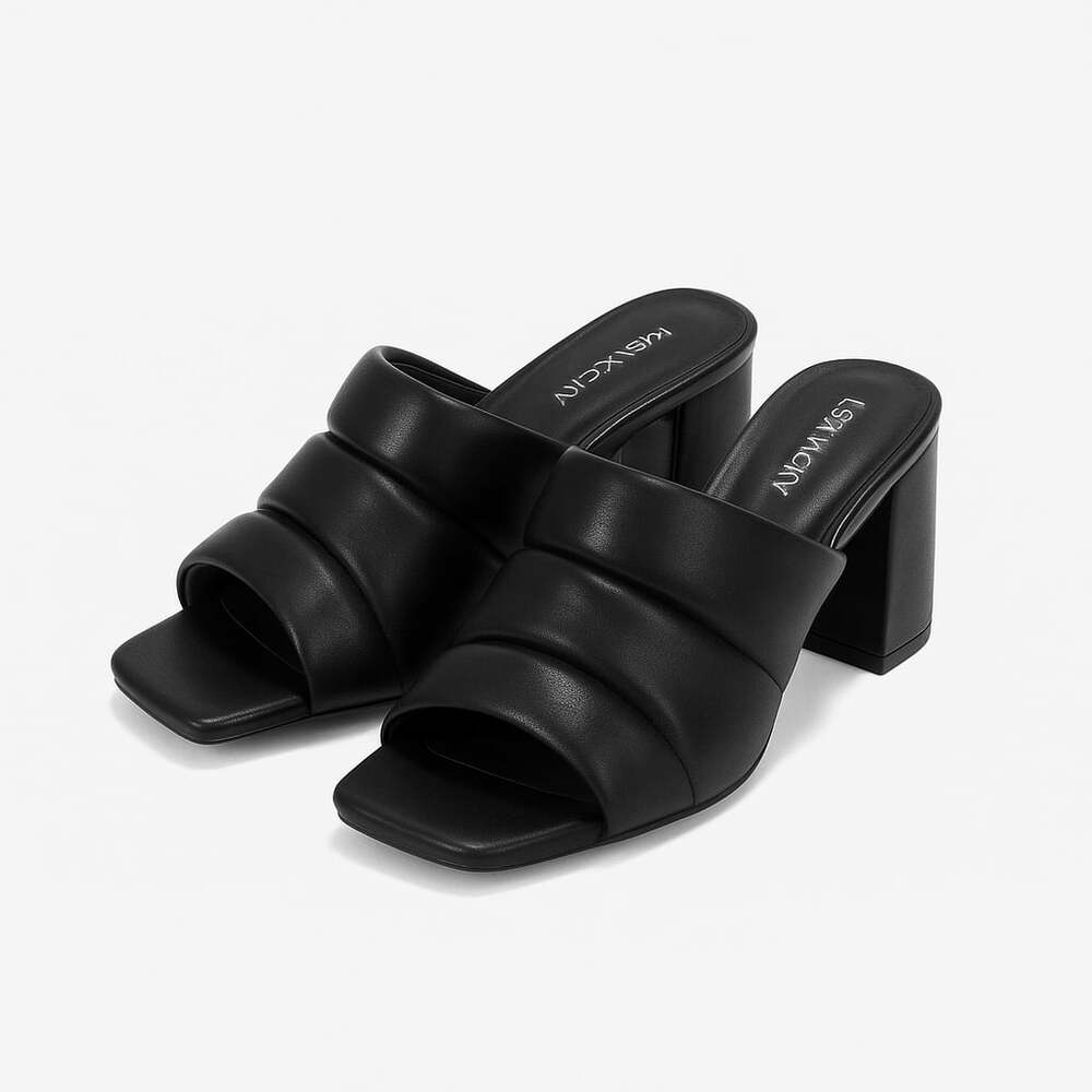 Lisa Vicky Very-V Black Sheep Napa Quilted Puffer Slide Sandals Block Heel